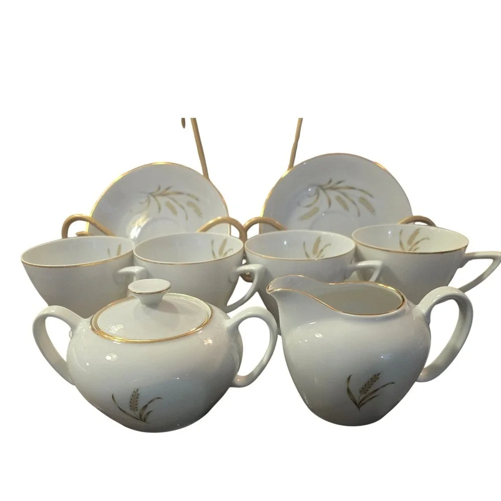 Vintage White Porcelain‎ Golden Wheat Tea Set Sugar Creamer 4 Cups 2 Saucers